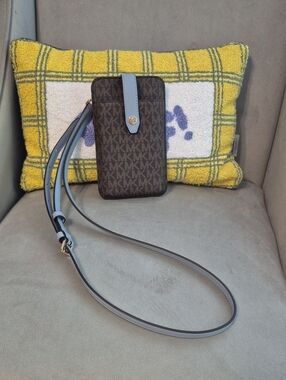 MICHAEL KORS Brown MK Logo Phone Crossbody with Light Blue Strap